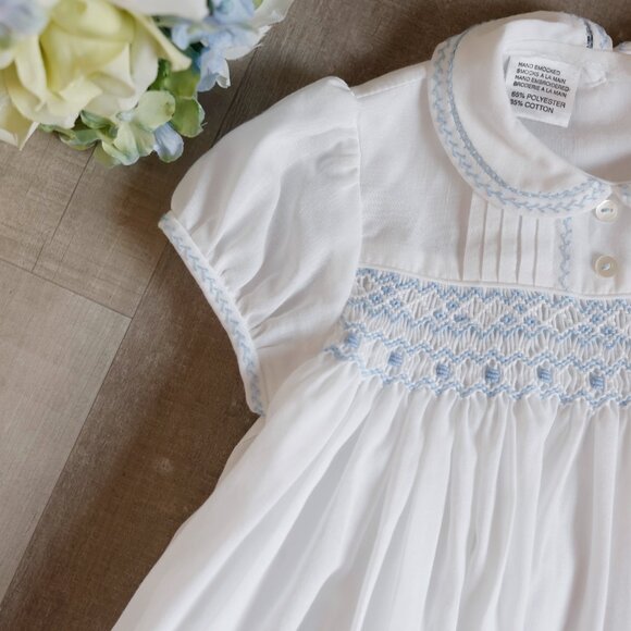 White Smocked Heirloom Dress Blue Embroidery Sarah Louise 3 Months Portrait NWT - Picture 4 of 6
